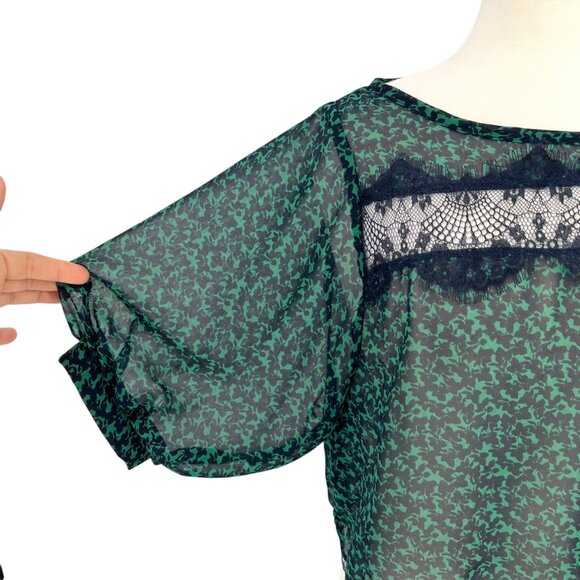 Lush Green Navy Sheer Lace Accent Blouse Half Sleeve Size Medium - Picture 3 of 11
